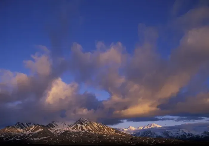 Framed Print : NA, USA, Alaska. Denali National Park. Midnight sun lights clouds over Alaska Range peaks