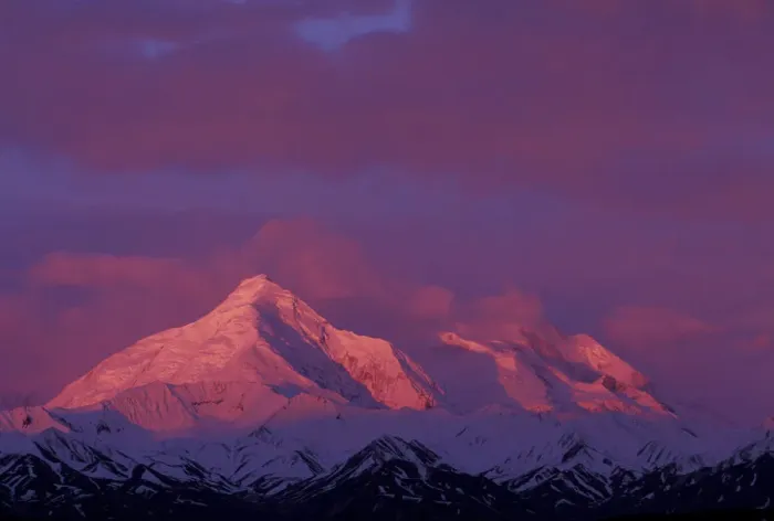 Framed Print : NA, USA, Alaska, Denali National Park. Bright red Alpenglow on Alaska Range peaks