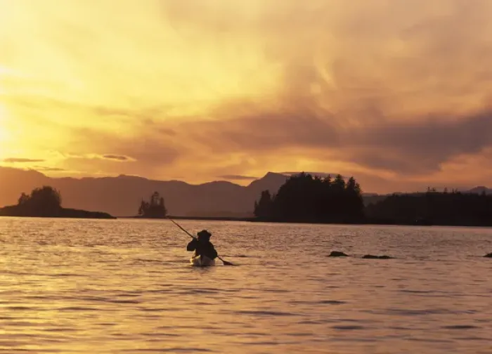 Framed Print : NA, USA, Alaska, Ketchikan. Solo kayaker enjoys sunset (Medium Format)