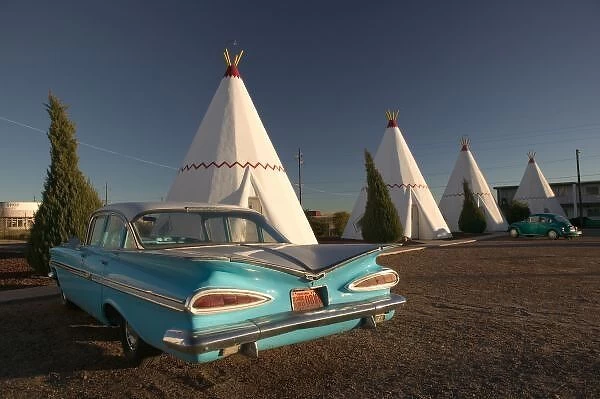 NA, USA, Arizona, Holbrook Route 66, Wigwam Motel, concrete teepees and 1959 Cheverolet