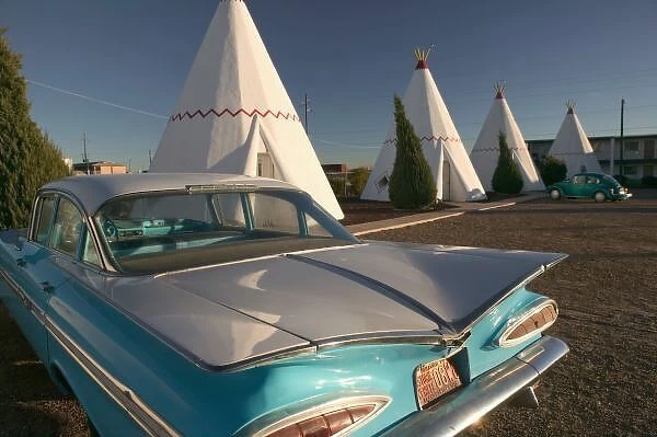 NA, USA, Arizona, Holbrook Route 66, Wigwam Motel, concrete teepees and 1959 Cheverolet