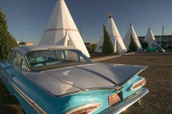 Framed Print : NA, USA, Arizona, Holbrook Route 66, Wigwam Motel, concrete teepees and 1959 Cheverolet Framed Print : NA, USA, Arizona, Holbrook Route 66, Wigwam Motel, concrete teepees and 1959 Cheverolet