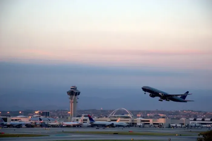 Framed Print : NA, USA, California, Los Angeles. Boeing 767 airplane taking off at LAX international
