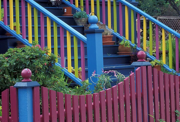 NA, USA, California, Pacific Grove Colorful fence and stairway
