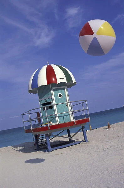 NA, USA, Florida, Miami Beach Fanciful lifeguard station and inflated ball