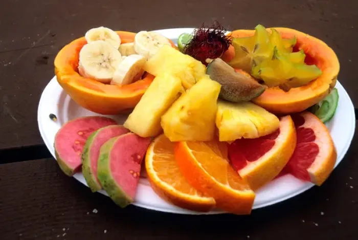 Framed Print : NA, USA, Hawaii. A fruit plate: Pappaya, fig, orange, pineapple, bannana, guava, star fruit