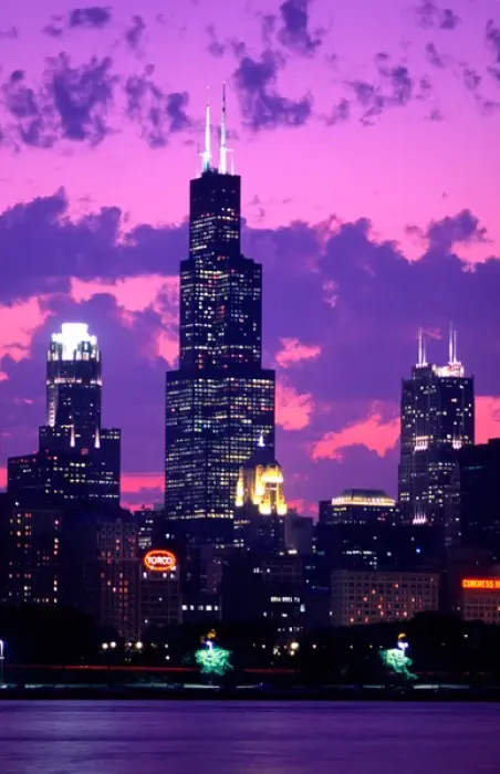 Framed Print : NA, USA, Illinois, Chicago. The Chicago skyline and Sears Tower at dusk Framed Print : NA, USA, Illinois, Chicago. The Chicago skyline and Sears Tower at dusk