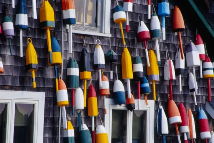 Framed Print : NA, USA, Maine. Bouys on side of building in the town of Bernard
