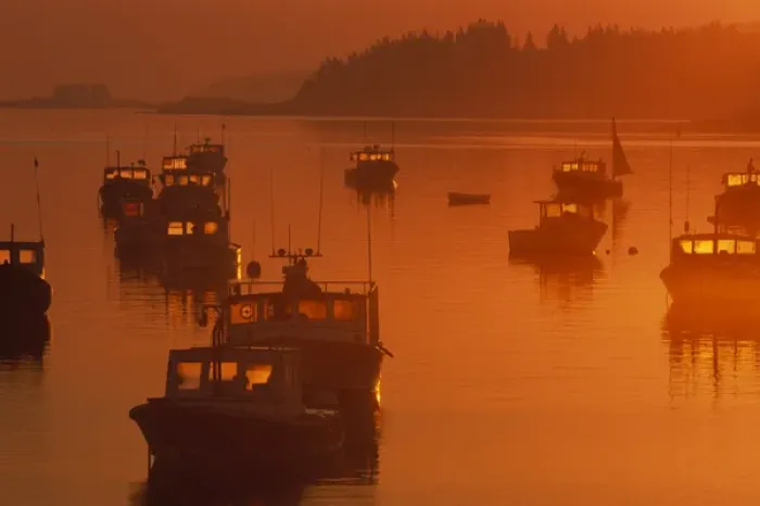Framed Print : 07. N.A. USA, Maine, Stonington. Lobster boats in harbor at sunrise