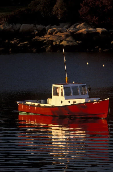 07. N.A. USA, Maine, Stonington. Red Lobster boat in cove, evening light