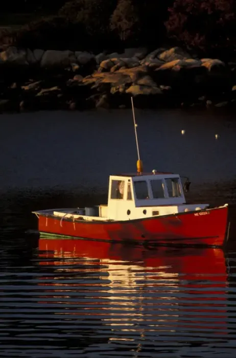 Framed Print : 07. N.A. USA, Maine, Stonington. Red Lobster boat in cove, evening light