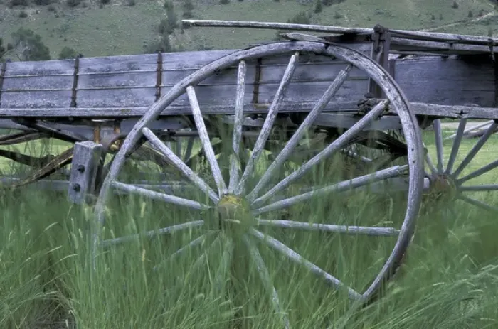 Framed Print : NA, USA, Montana Wrecked wooden wagon