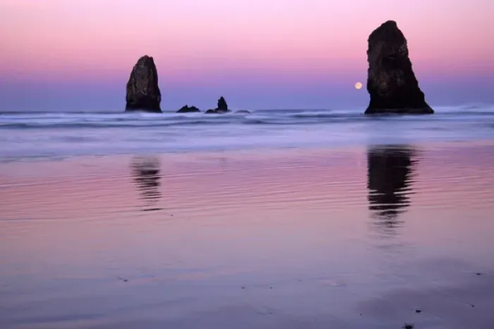 Framed Print : NA, USA, Oregon, Cannon Beach, Moonset at Sunrise Framed Print : NA, USA, Oregon, Cannon Beach, Moonset at Sunrise