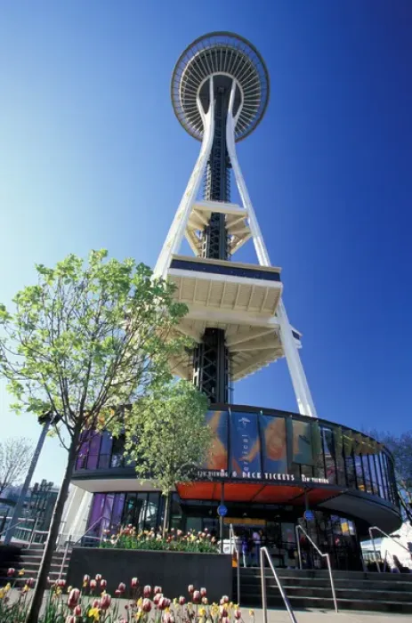 Framed Print : NA, USA, Seattle, Seattle Center, Wide-angle view of the Space Needle Framed Print : NA, USA, Seattle, Seattle Center, Wide-angle view of the Space Needle