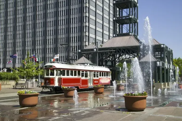 Framed Print : NA, USA, Tennessee, Memphis, Main Street Trolly and Park Framed Print : NA, USA, Tennessee, Memphis, Main Street Trolly and Park