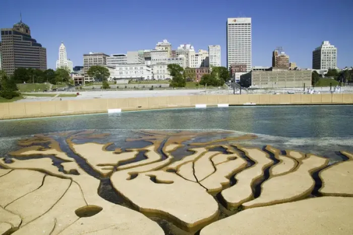 Framed Print : NA, USA, Tennessee, Memphis, Mud Island Park, Fountains and River Map