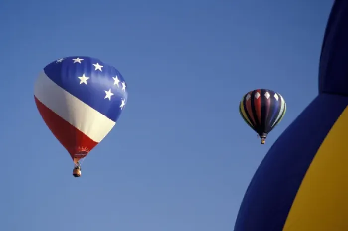 Framed Print : NA, USA, WA, Walla Walla, two balloons fly in a clear blue sky and third in foreground Framed Print : NA, USA, WA, Walla Walla, two balloons fly in a clear blue sky and third in foreground