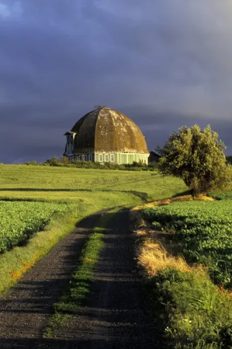 Framed Print : NA, USA, Washington, near Pullman Round green barn and passing storm