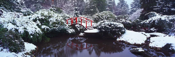 NA, USA, Washinton State, Seattle, Kabota Gardens, Snow covered Bridge with small pond