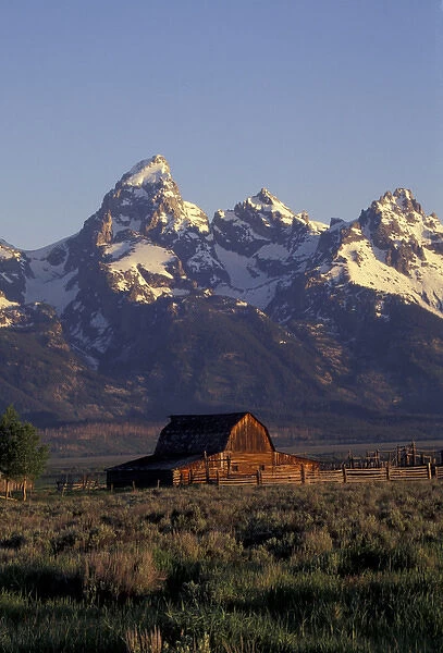 NA, USA, Wyoming, Grand Teton National Park. Jackson Hole homestead and Grand Teton Range