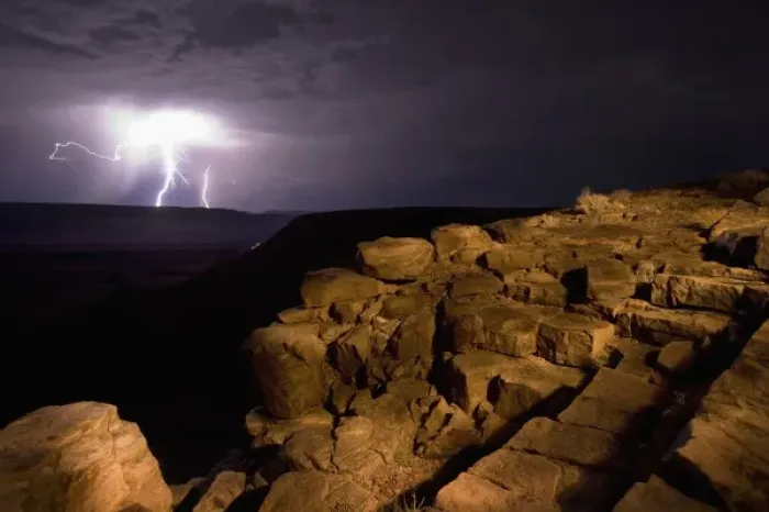 Framed Print : Namibia, Fish River Canyon National Park, Lightning strikes from storm clouds above