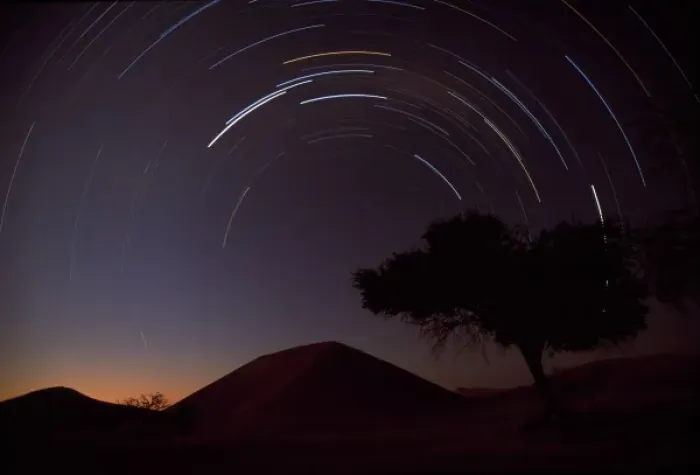Framed Print : Namibia, Namib Naukluft National Park, Star Trails and Dune 45 above acacia tree