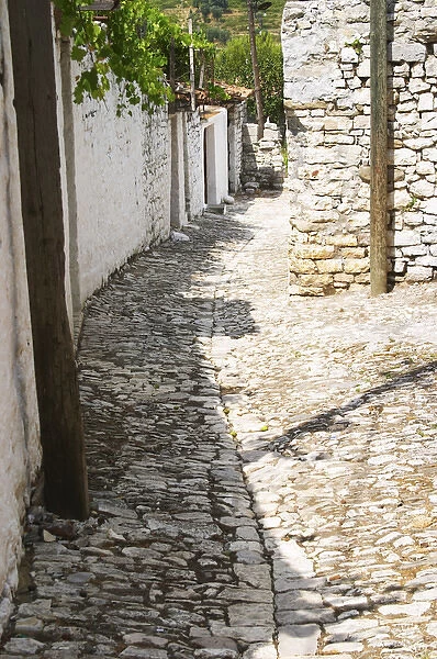 A narrow cobble stone street lined with white stone houses. Berat upper citadel old walled city