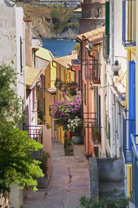Framed Print : A narrow street in the old town. Collioure. Roussillon. France. Europe. Colourful houses
