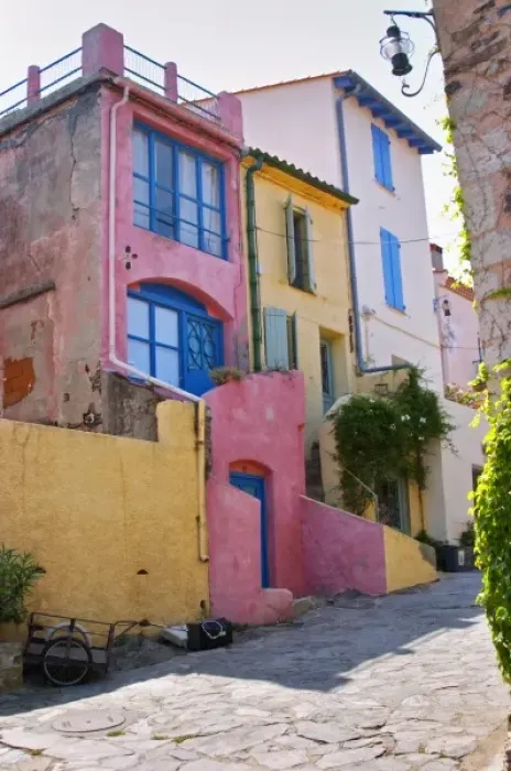 Framed Print : A narrow street in the old town. Collioure. Roussillon. France. Europe. Colourful houses Framed Print : A narrow street in the old town. Collioure. Roussillon. France. Europe. Colourful houses