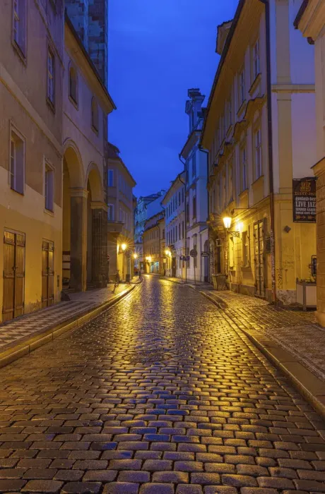 Framed Print : Narrow wet cobblestone streets in Old Town in Prague, Czech Republic Framed Print : Narrow wet cobblestone streets in Old Town in Prague, Czech Republic