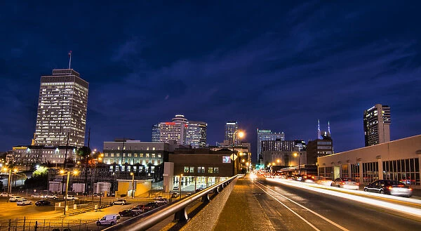 Nashville Tennessee city skyline at twilight from the west side with traffic