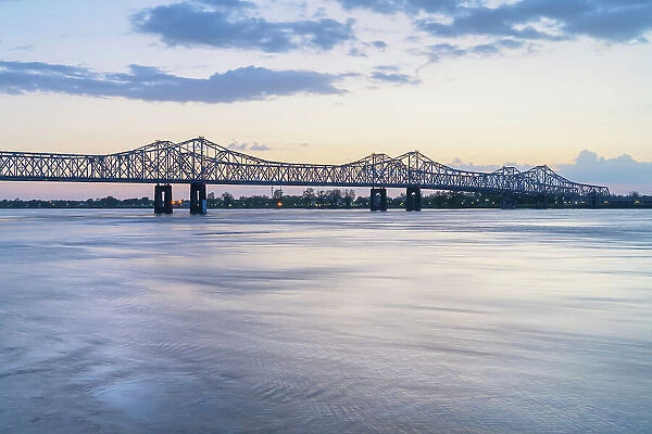 Natchez-Vidalia Bridge over the Mississippi River after sunset. Seen from Natchez, Mississippi
