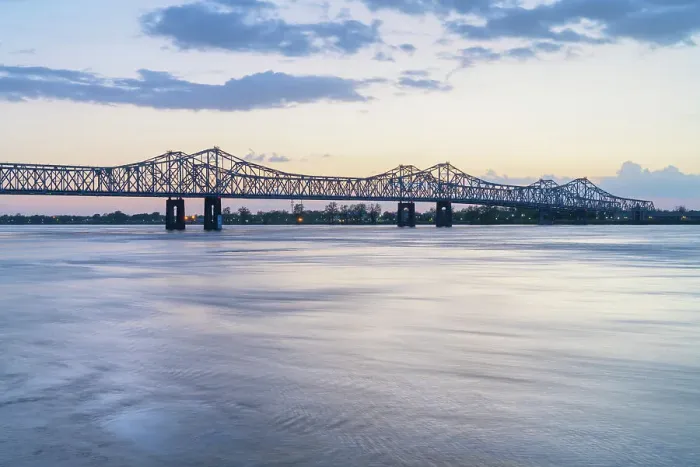 Framed Print : Natchez-Vidalia Bridge over the Mississippi River after sunset. Seen from Natchez, Mississippi Framed Print : Natchez-Vidalia Bridge over the Mississippi River after sunset. Seen from Natchez, Mississippi