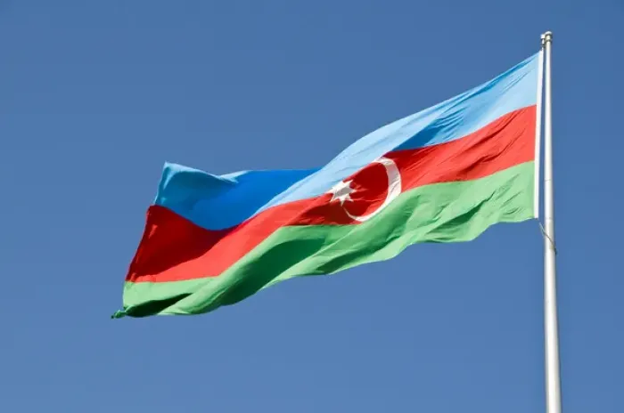 Framed Print : National Flag blowing in wind, Baku, Azerbaijan