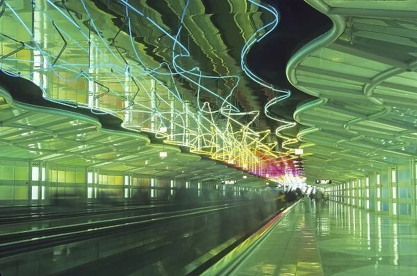 Neon lighting in corridor of the O hare Airport, Chicago, Illinois