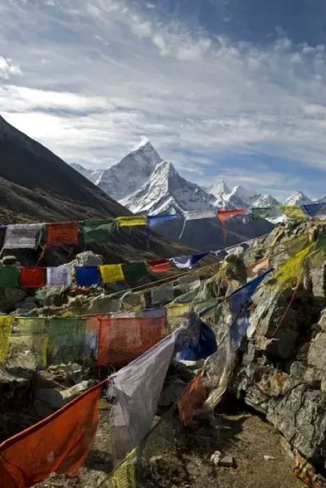 Framed Print : Nepal. Prayer flags are hung along the Everest Base Camp Trail with the peak of Ama Framed Print : Nepal. Prayer flags are hung along the Everest Base Camp Trail with the peak of Ama