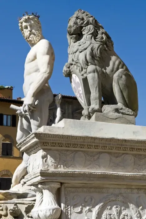 Framed Print : The Neptune (biancone) and Marzocco (lion) by Ammannati - 16th century), Piazza della Signoria Framed Print : The Neptune (biancone) and Marzocco (lion) by Ammannati - 16th century), Piazza della Signoria