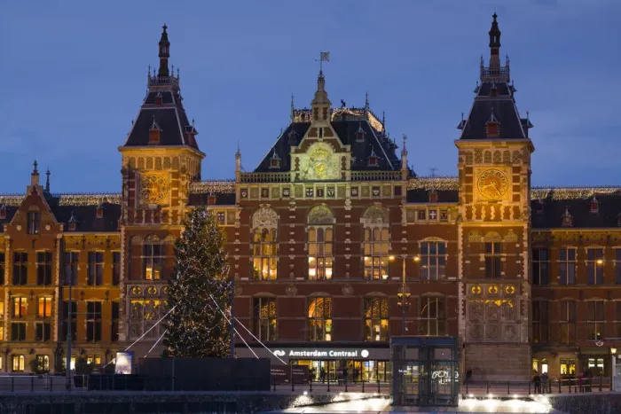 Framed Print : Netherlands, Amsterdam, Amsterdam Central Train Station, exterior, dawn