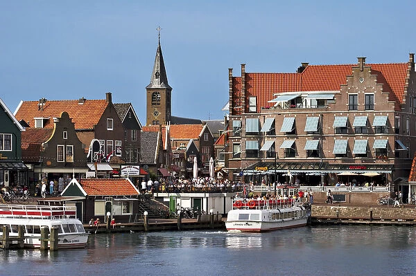 Netherlands, Edam-Volendam, View of the harbor, and the Reformed Church Spire in