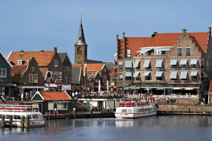 Framed Print : Netherlands, Edam-Volendam, View of the harbor, and the Reformed Church Spire in Framed Print : Netherlands, Edam-Volendam, View of the harbor, and the Reformed Church Spire in