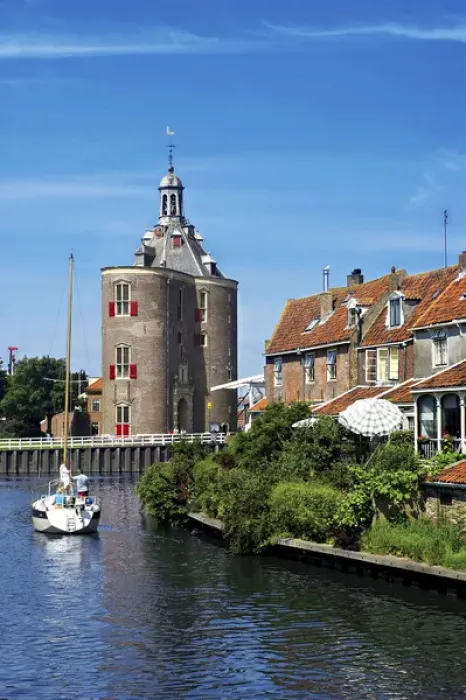 Framed Print : Netherlands; Enkhuizen; Classic Dutch vessels in the canal; Drommedaris Tower in Framed Print : Netherlands; Enkhuizen; Classic Dutch vessels in the canal; Drommedaris Tower in