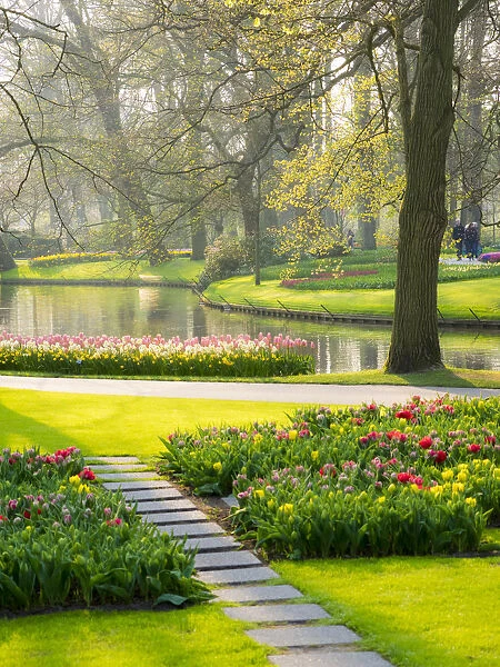 Netherlands, Lisse. Path leading through spring flowers