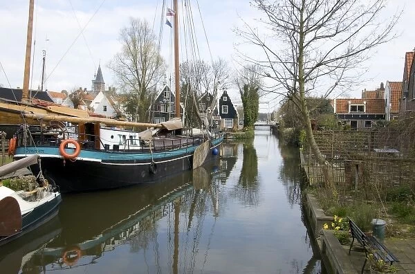Netherlands, North Holland, Edam, Ship works with vintage canal boats