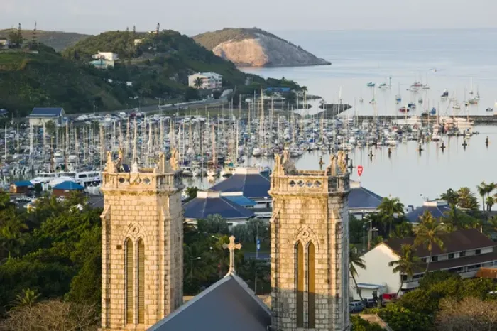 Framed Print : NEW CALEDONIA, Grande Terre Island, Noumea. Cathedrale St. Joseph and Port Moselle