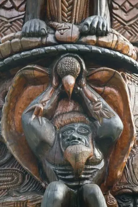 Framed Print : New Caledonia, Grande Terre Island, Noumea. Polynesian Carving detail on the MWA KA totem Pole