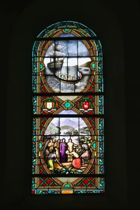Framed Print : New Caledonia, Northern Grande Terre Island, Balade. Stained glass window commemorating Framed Print : New Caledonia, Northern Grande Terre Island, Balade. Stained glass window commemorating