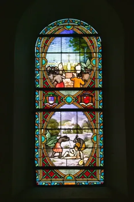 Framed Print : New Caledonia, Northern Grande Terre Island, Balade. Stained glass window commemorating