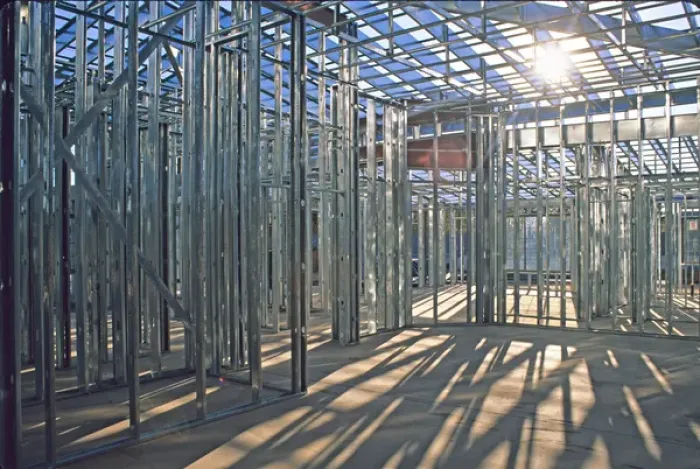 Framed Print : New home steel framing at construction site Framed Print : New home steel framing at construction site