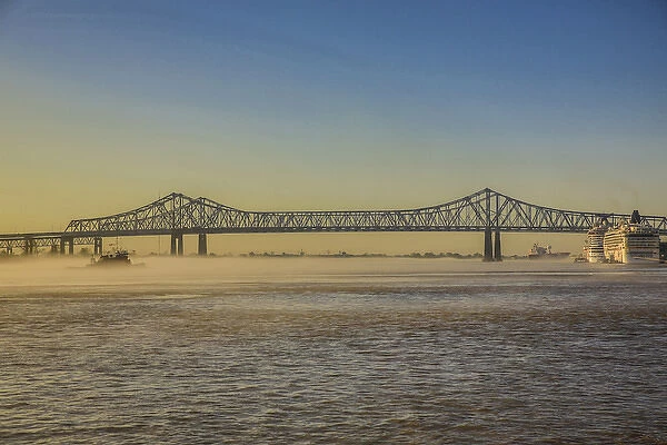 New Orleans, Louisiana. Fog over the Mississippi River at the Crescent City Connection (CCC)