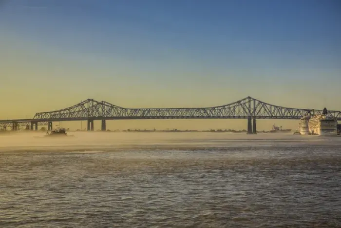 Framed Print : New Orleans, Louisiana. Fog over the Mississippi River at the Crescent City Connection (CCC)